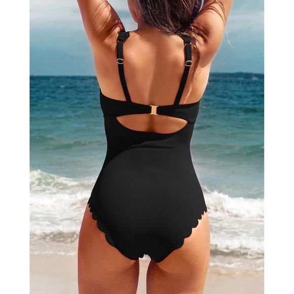 Charmo Womens Scalloped Ribbed One Piece Swimsuit,‎ Small - Picture 2 of 9